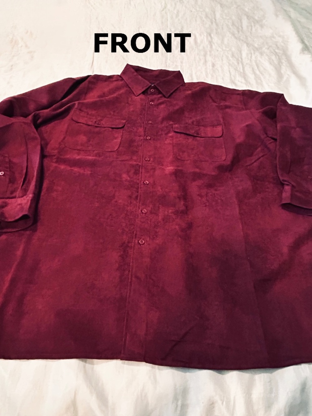 SHIRT, FAUX SUEDE, BURGUNDY, SIZE 4XL, LONG SLEEVES WITH BUTTON CUFFS, CHEST POC
